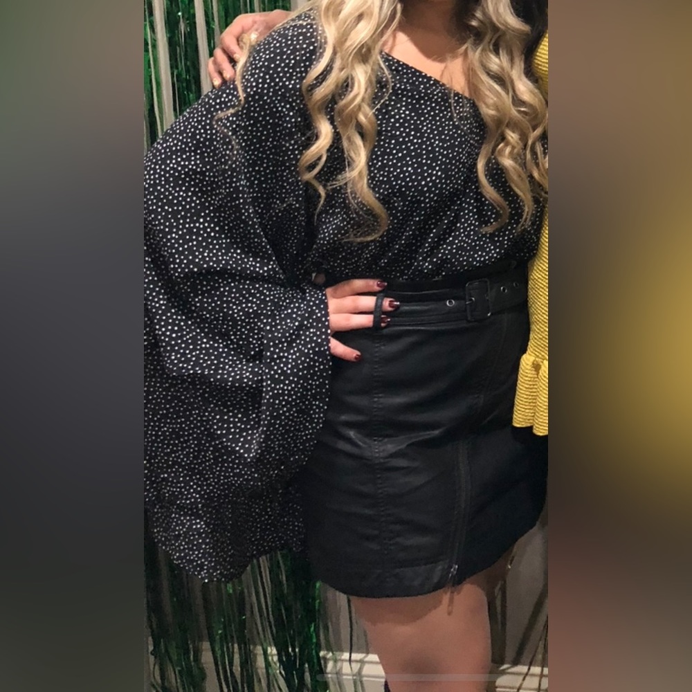 BooHoo Black with White Polka dot V Neck Bell Sleeve Top